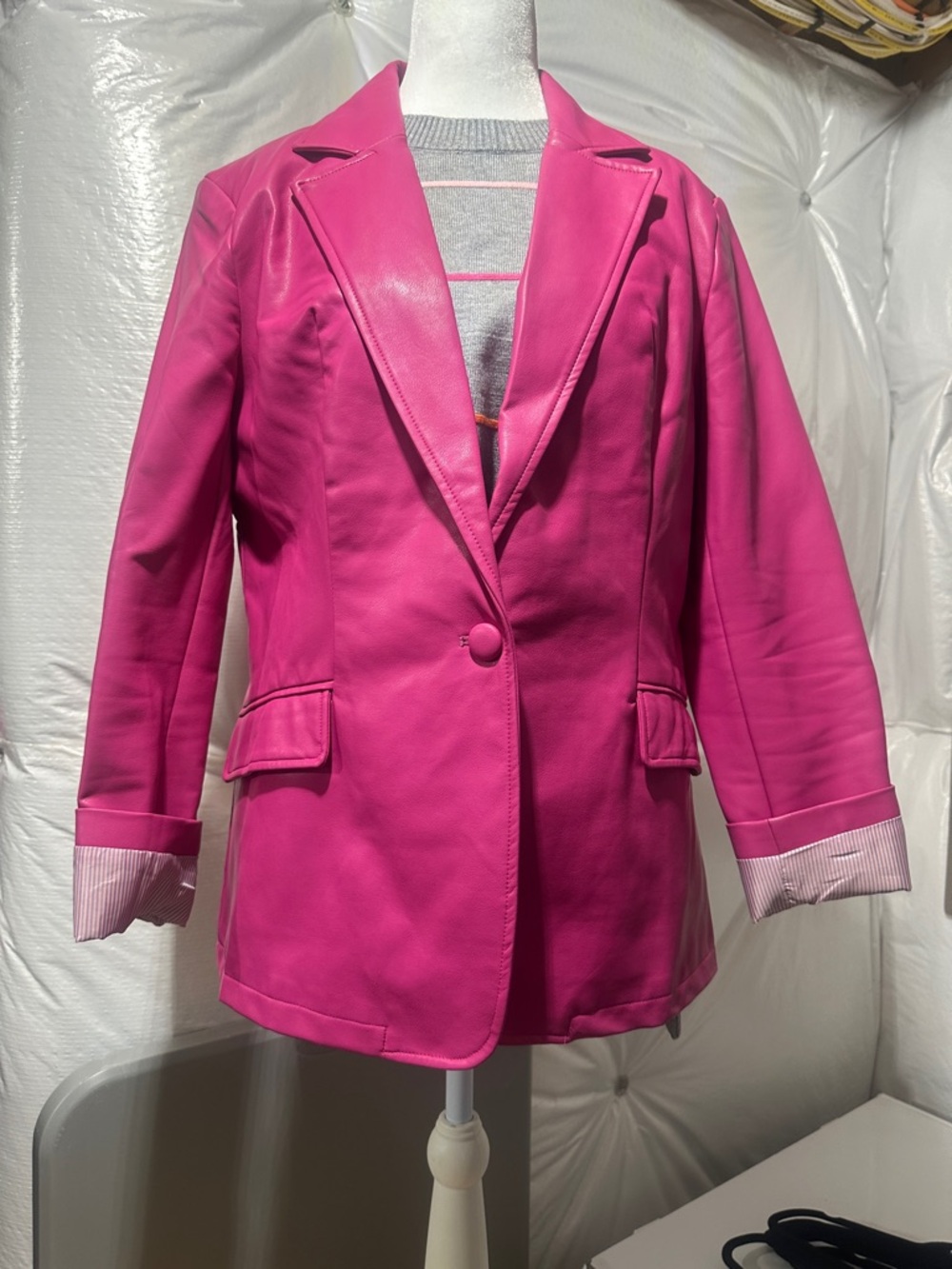 Fate Bright Pink Single-Button Faux Leather Blazer